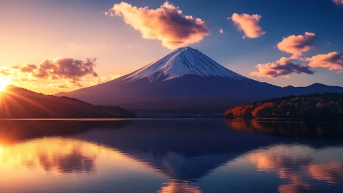 Sunrise light crowns a snow-capped mountain over still lake
