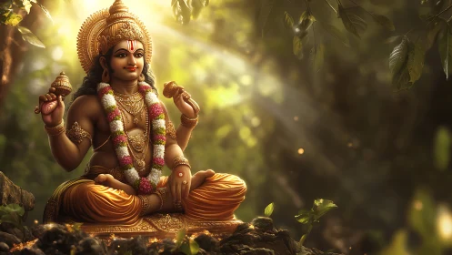Golden forest deity idol sits in radiant sunlit clearing