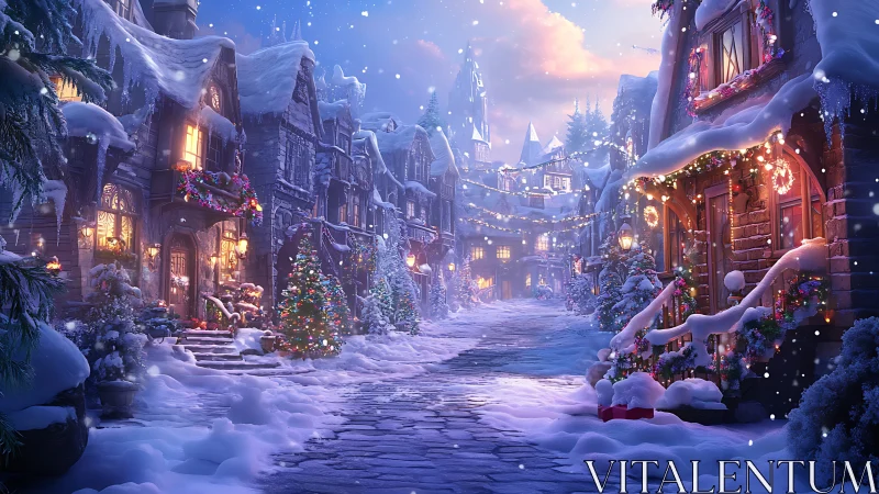 Snow-dusted village street hums softly with winter lights