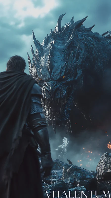 Warrior confronts colossal dragon amid stormy, blazing ruins