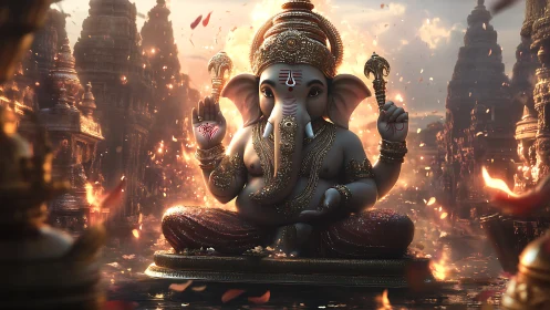 Ornate Ganesha deity in cinematic temple firelit environment