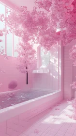 Render depicts tiled bathroom with integrated pink foliage forms