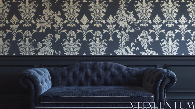 Dark blue velvet sofa anchors room with ornate damask wall