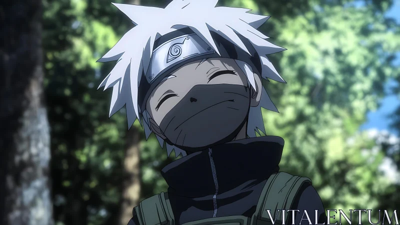 Anime forest close-up with masked youth under dappled light.