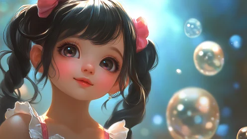 Dreamy bubble portrait of girl with luminous eyes.