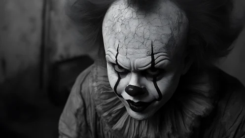 Menacing cracked-face clown in stark monochrome portrait.