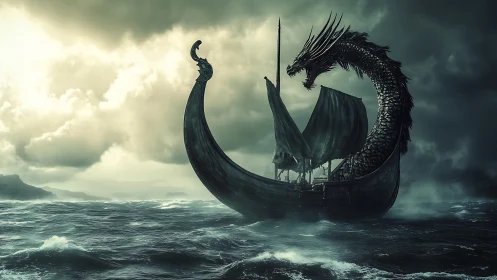 Storm-lashed drakkar confronts coiled serpentine dragon figurehead