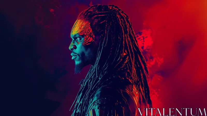 Neon side portrait with tribal face paint and dreadlocked hair