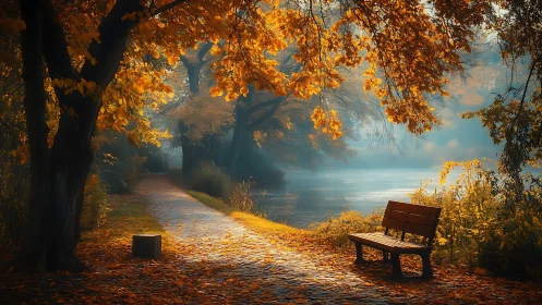 Autumn riverside path with wooden bench in warm backlighting