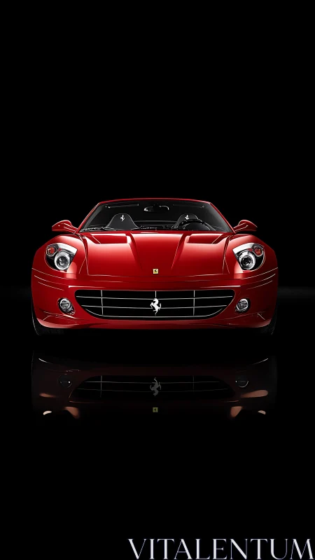 Photorealistic frontal study of red supercar on black field.