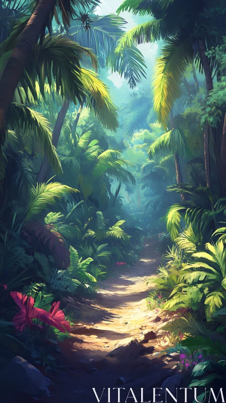 Tropical Jungle Pathway Through Sunlit Palms.