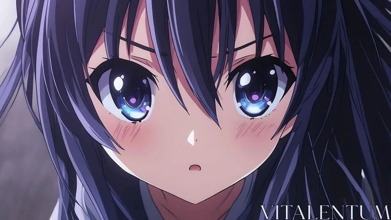 Anime girl portrait with luminous reflective violet eyes.
