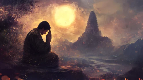 Solitary figure praying before distant temple at dusk.