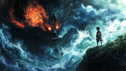 Storm-tossed coast confrontation with colossal fiery sea beast