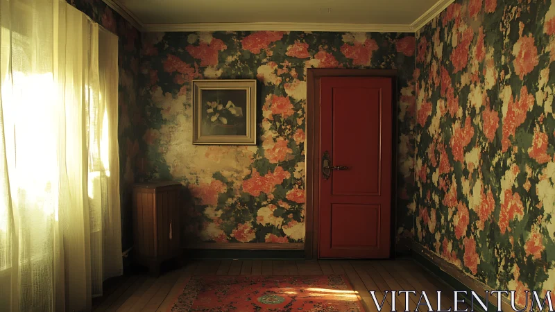 Sunlit vintage room with floral wallpaper and red door.