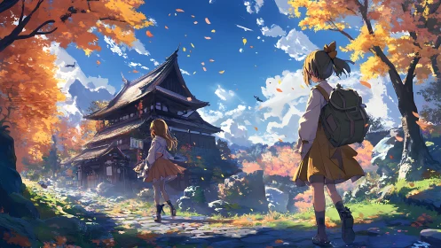 Autumn mountain shrine path with two schoolgirls in vivid anime style