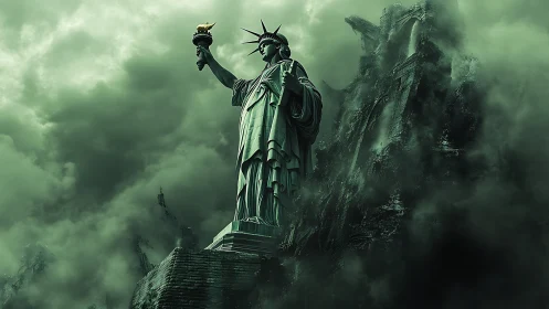 Post-apocalyptic Liberty monument in toxic atmospheric shroud.