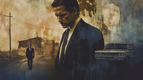 Brooding suited detective in moody rural noir composite.