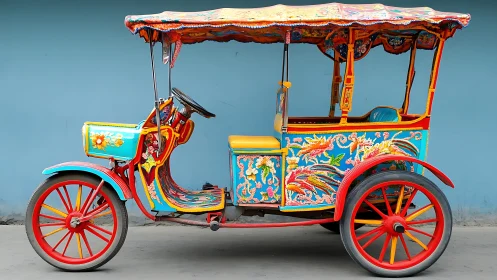 Carnival rickshaw bursts into bloom against a calm blue wall