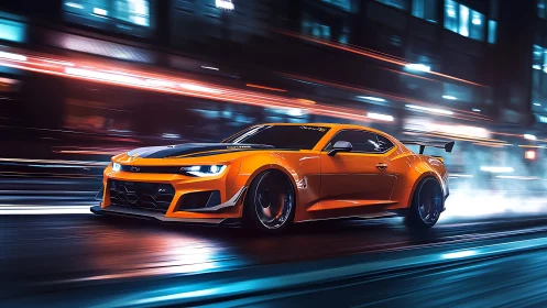 Orange muscle car drifting through neon city streets at night.