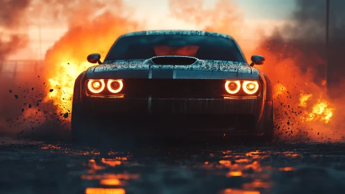 Muscle car on wet roadway framed by fire and debris at dusk.