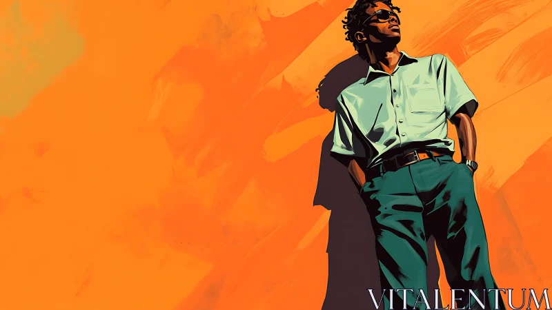 Stylized man in sunglasses against vivid orange abstract wall