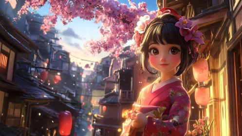 Anime girl in pink kimono under sunset sakura in alleyway