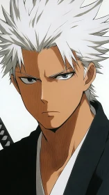 White-haired anime swordsman stares ahead with icy resolve