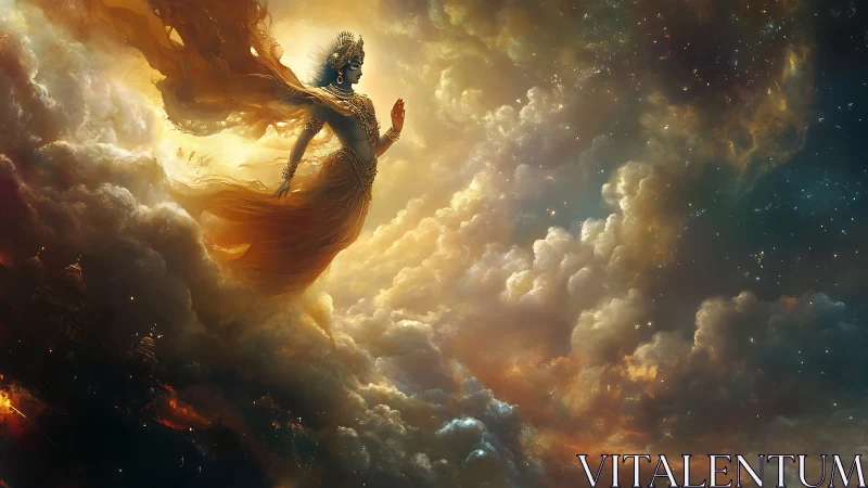 Celestial deity ascending through radiant storm clouds.