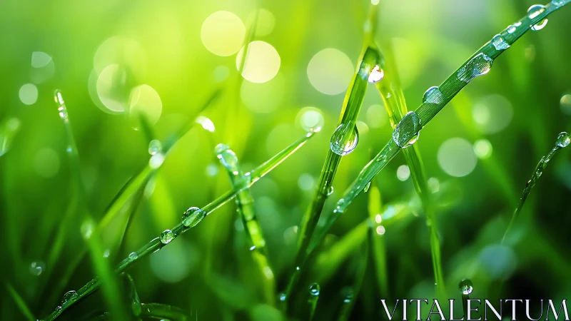 Macro depth-of-field study of dew droplets on vibrant grass blades