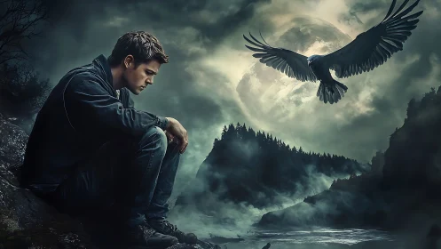 Brooding man and raven under stormy moonlit cliffs.