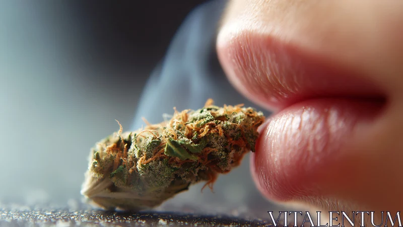 Soft close-up captures lips near aromatic herb thoughtfully