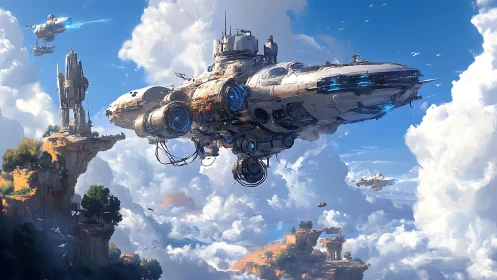Massive sci fi carrier hovers over floating cliff city.