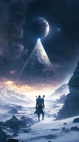 Solitary figure on icy terrain facing suspended pyramid object.
