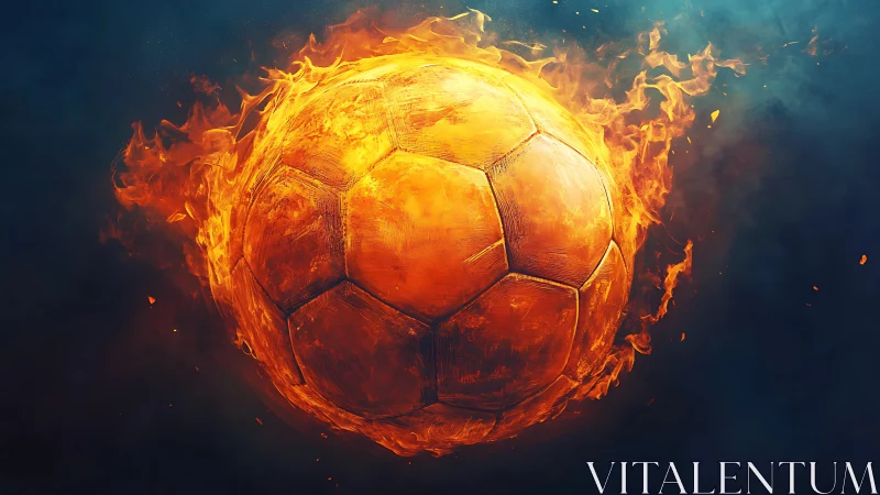 Incandescent flaming soccer ball rendered in cinematic digital style