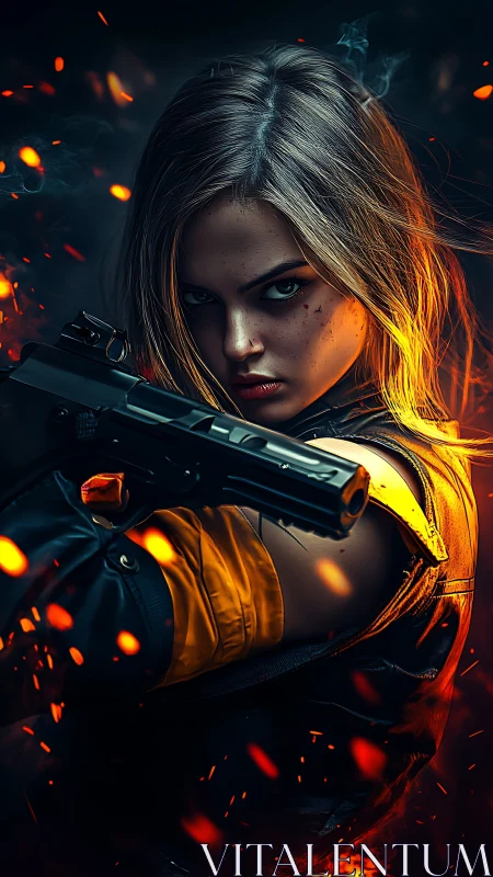 Armed woman in intense firefight with glowing embers.