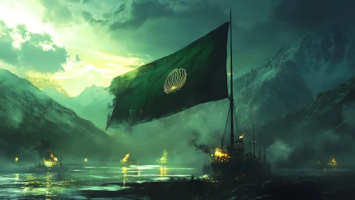 Emerald war banner over burning ironclad in polar fjord.