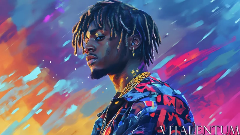 Neon-lit portrait of man with dreads in dynamic brushstroke field