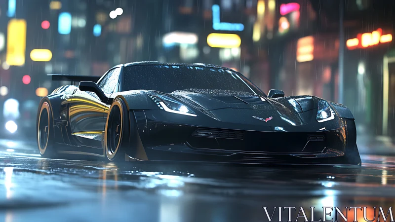 Midnight supercar prowls neon streets under restless rain