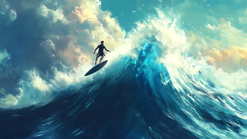 Storm-ballet surfer riding a sky-tall sapphire wave crescendo.