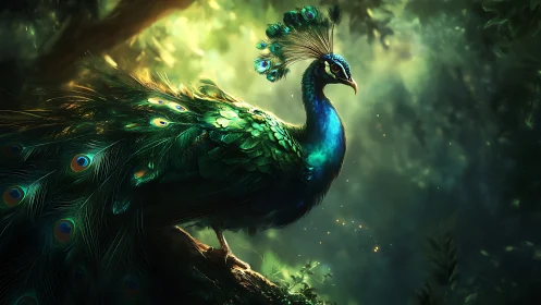 Majestic peacock in enchanted forest, vibrant fantasy digital art.