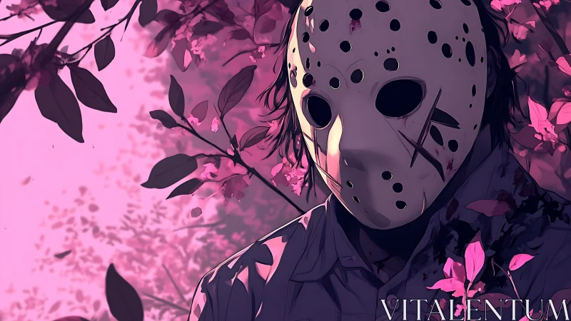 Masked killer stands amid neon pink cherry blossoms.