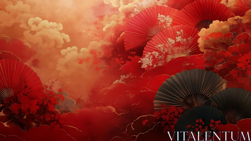 Crimson fan clouds with layered Japanese floral motifs.