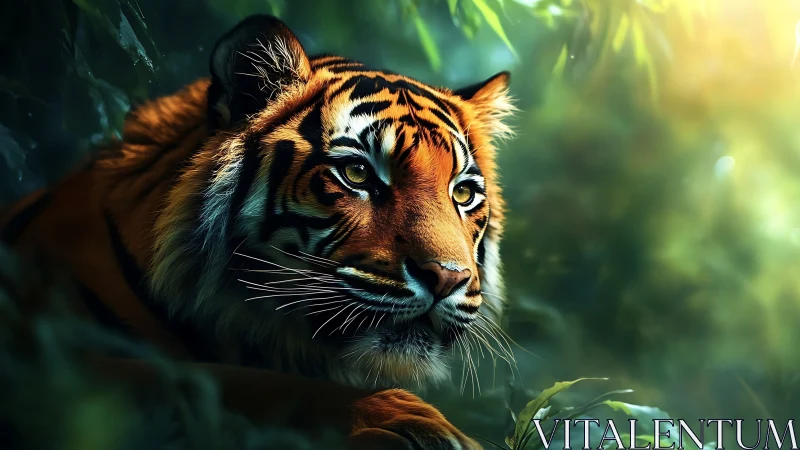 Sunlit jungle tiger quietly resting in emerald shadows.