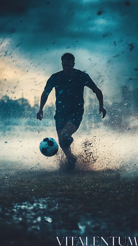 Storm-soaked soccer moment where passion outruns rain.