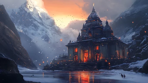 Ancient mountain temple burns with warm light at icy dusk