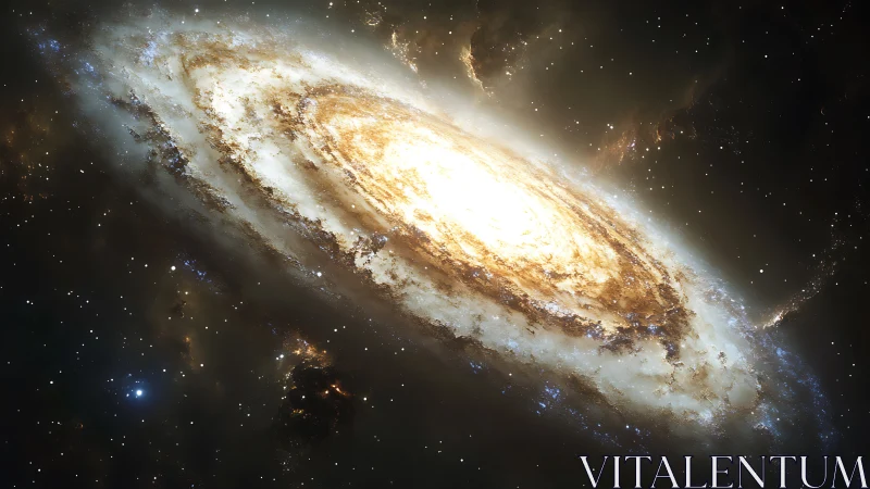 Spiral galaxy blazes with luminous core and radiant dust lanes.