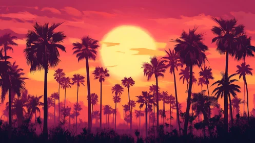 Sunset palms glow warmly against a radiant tropical sky
