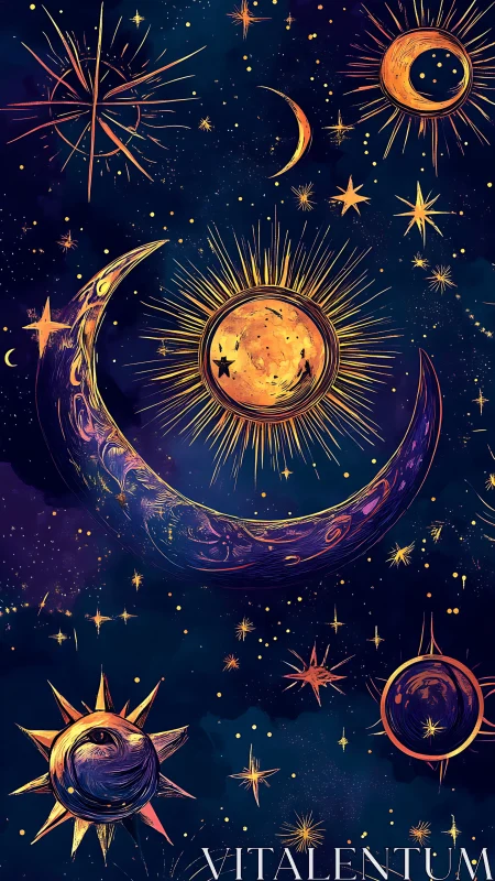 Celestial bodies and constellations in stylized night sky.