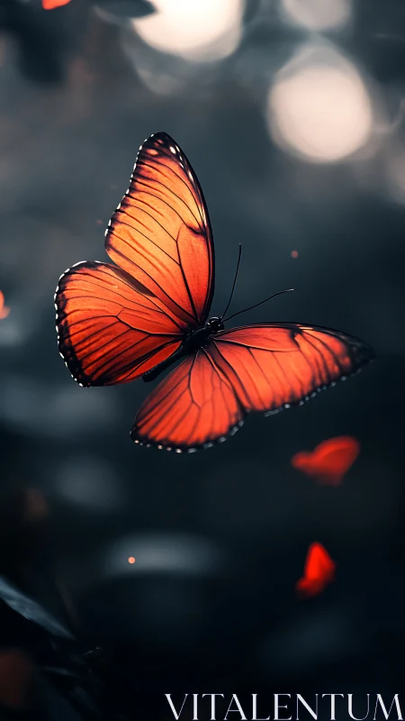 Amber dusk butterfly drifting through charcoal quiet skies.